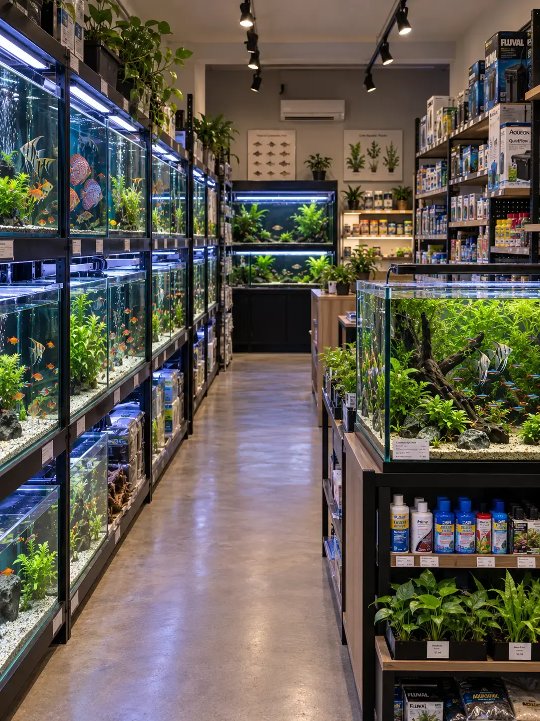 Peces tropicales entre plantas y rocas de un acuario